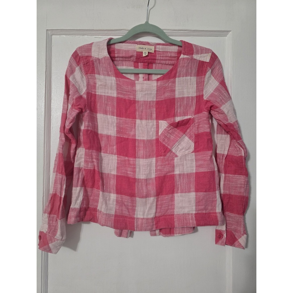 Cloth and Stone Anthropologie Pink White Plaid Button Back Top Linen Size XS‎
